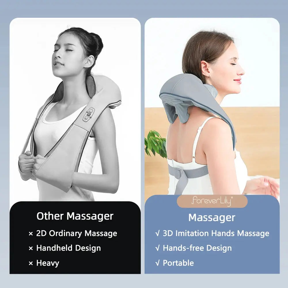 Foreverlily neck and shoulder massager, wireless 26W brushless motor, shown with another massager for comparison.