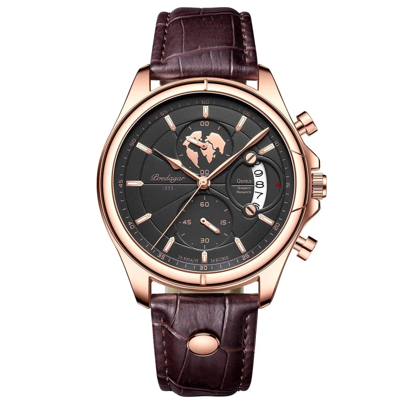 POEDAGAR men's rose-gold chronograph watch with black dial and brown leather strap, Simples Market