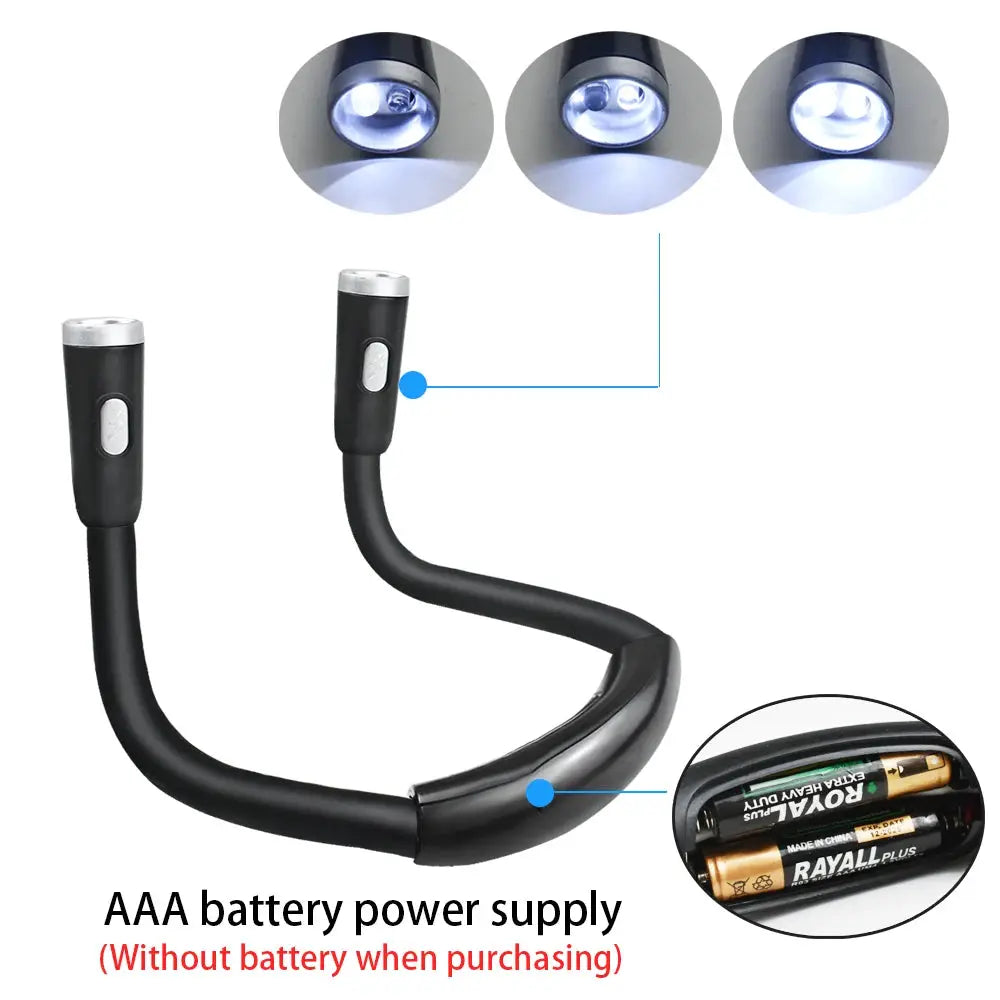 LED neck hanging reading light, black, USB rechargeable and AAA battery powered, eye protection