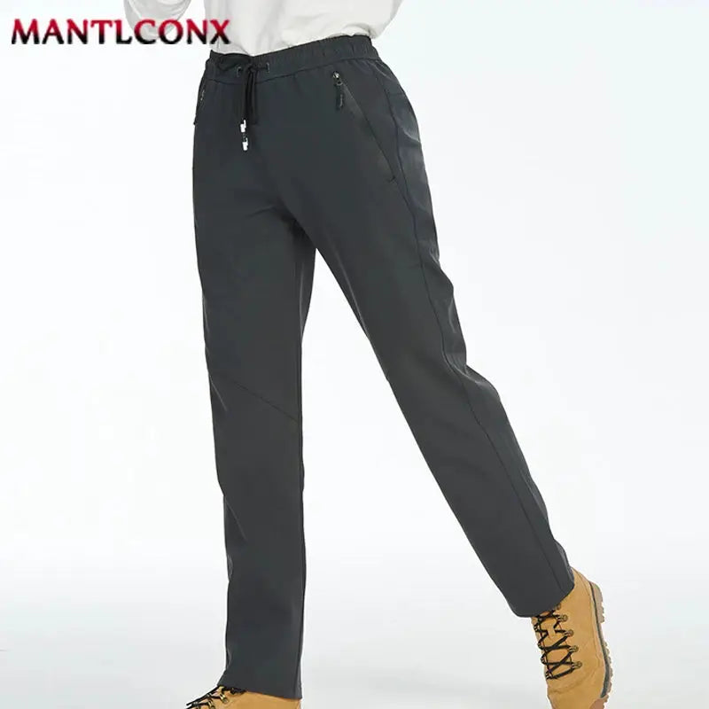 Men's black jogger pants with elastic waist and zip pockets; quick-dry fabric, MANTLCONX logo visible