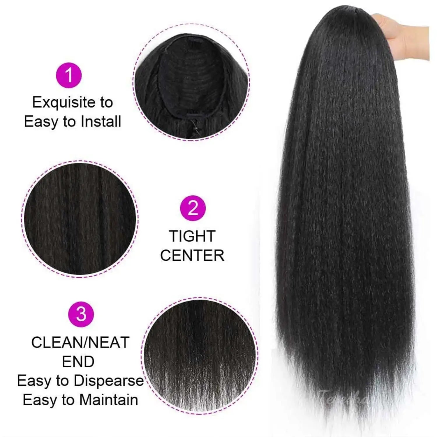 Synthetic Yaki drawstring ponytail extension with bangs, long straight black clip-in hairpiece by Simples Market