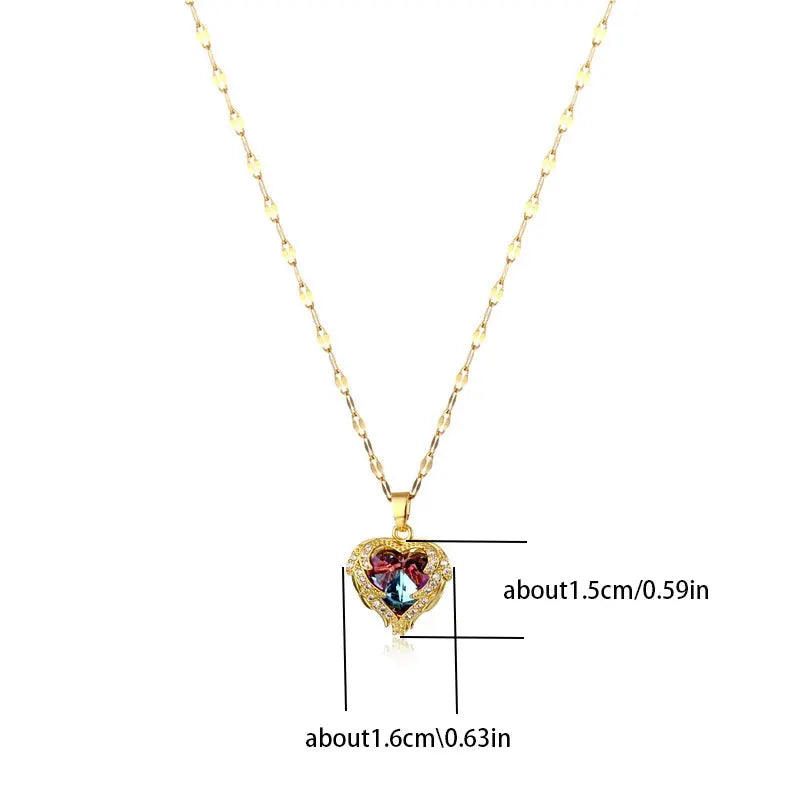 Top Luxury Colorful Crystal Ocean Heart Pendant Necklace For Women 316L Stainless Steel Jewelry