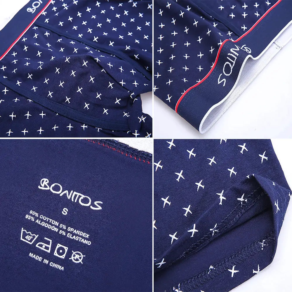 Boxer shorts for men; 4-pack navy with white X pattern, cotton-spandex blend, elastic waistband, BONITOS branding on waistband