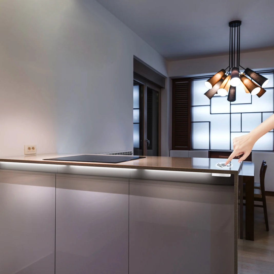 Under-cabinet LED bar light by Simples Market; linkable LED strip with wood touch sensor dimmable switch in modern kitchen