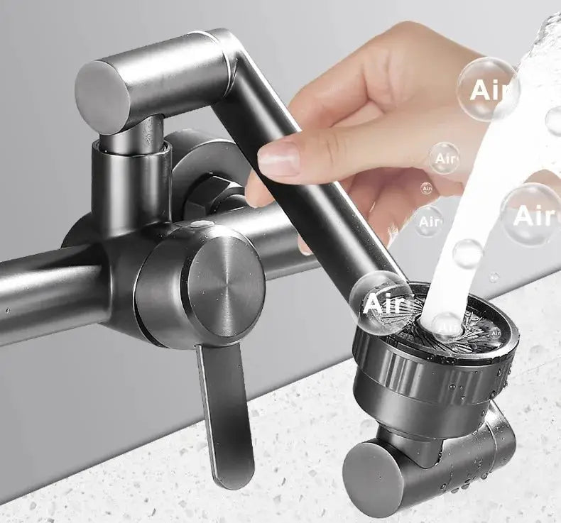 Stainless steel wall-mounted kitchen faucet with swiveling arm and handheld spray head