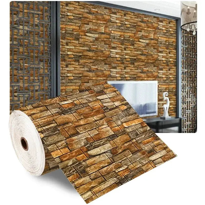 3D foam brick wall wallpaper roll with brownstone pattern; self-adhesive, waterproof living room wallcovering