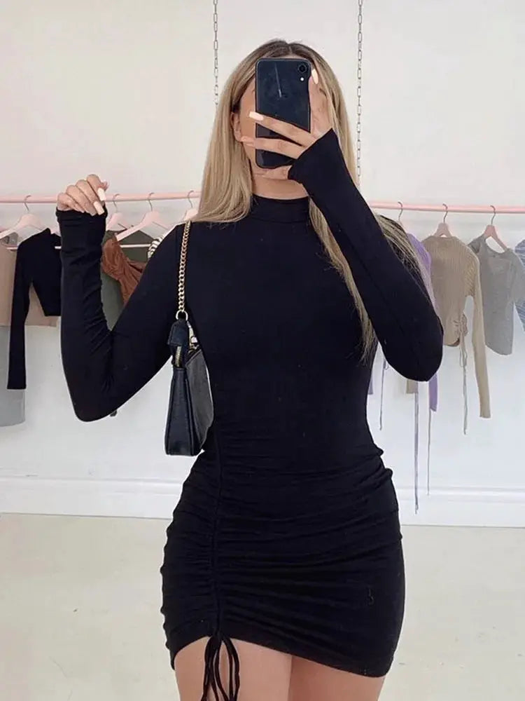 Long Sleeve Ruched Bodycon Dress For Women Turtleneck Black Bandage