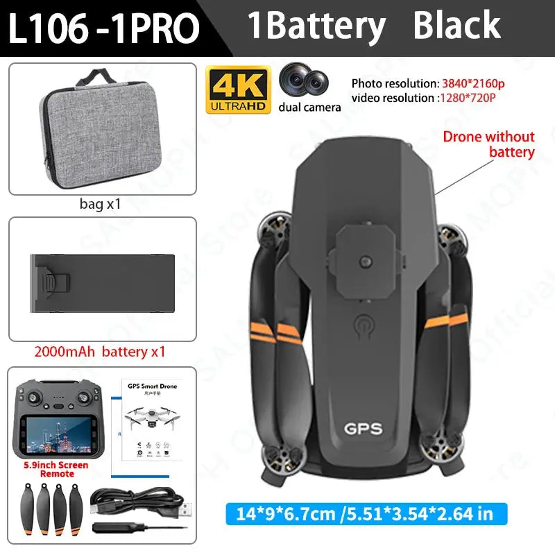 L106-1PRO GPS professional drone by Simples Market, black with 4K dual camera and remote with screen