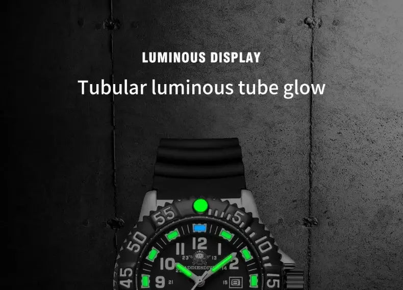 Addies Dive men's quartz watch with black dial and green luminous markers