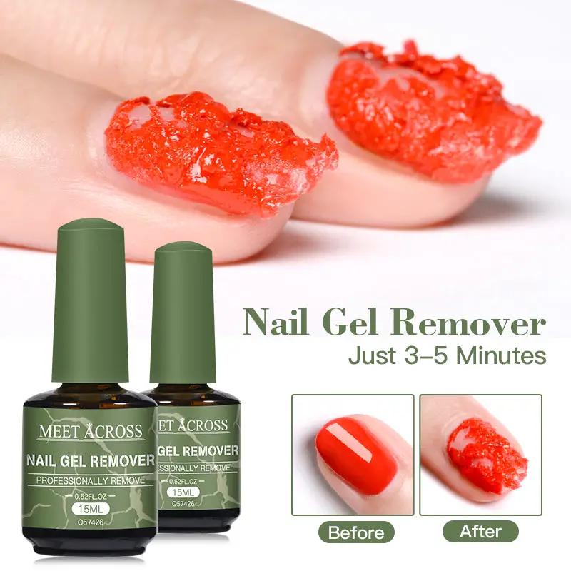 Meet Across nail gel remover bottles with green caps, two 15ml bottles, shown with before and after nails