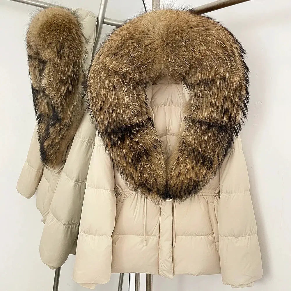 Womens Real Fox Fur Collar Duck Down Coat With Raccoon Fur Trim Hooded Puffer Jacket