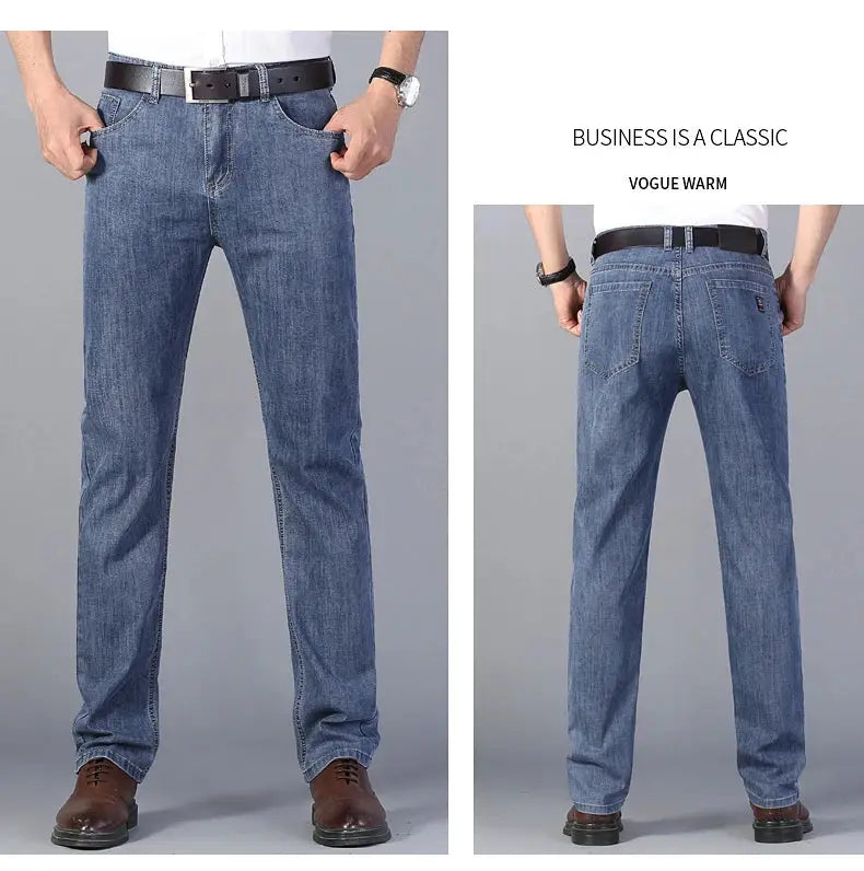 Men's blue denim jeans with a straight fit; front and back views show belt loops and pockets.