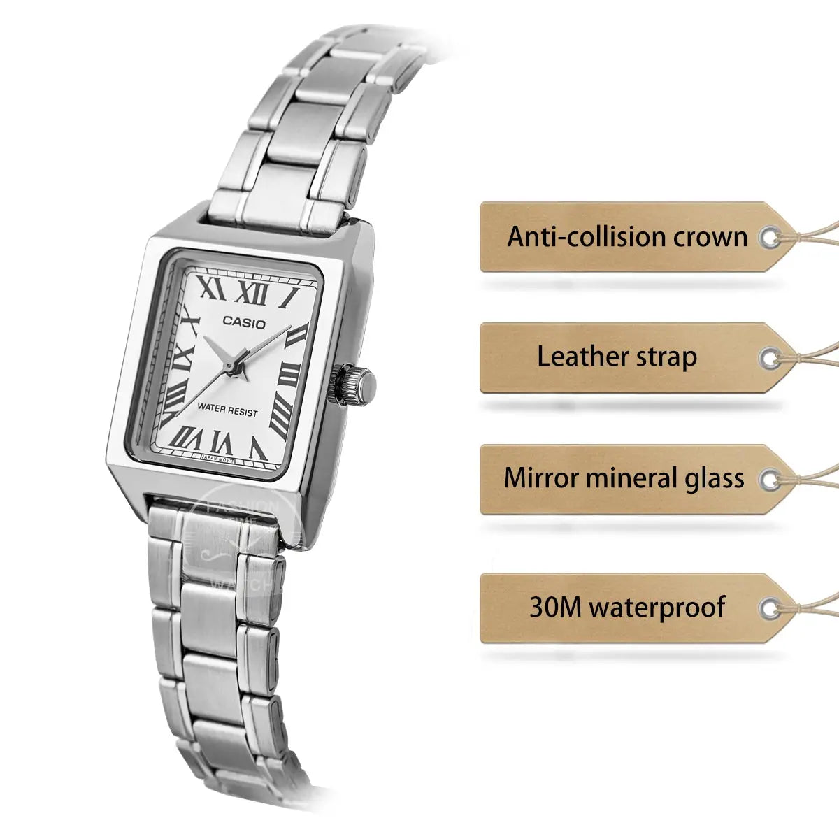 Casio women's stainless steel wristwatch with a tonneau case, Roman numerals, water resistant