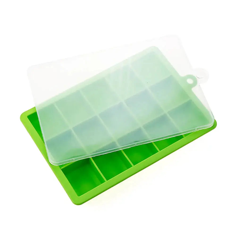 Green silicone ice cube mold with lid, 24-grid square tray for cold drinks.