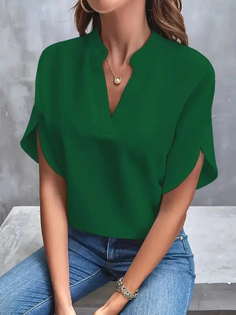 VEITCHE Summer Women Casual Solid Blouse V Neck Half Sleeve Pullover Loose Fit Office Tops