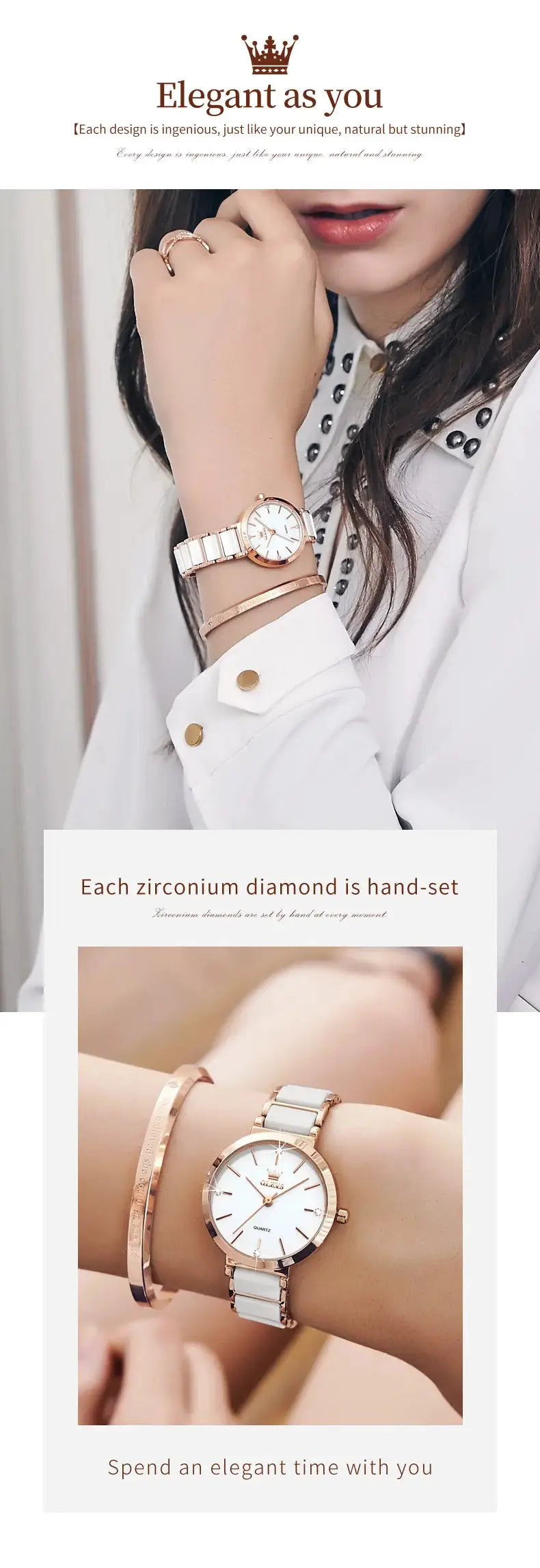 OLEVS fashion women's watch with rose-gold case and white ceramic strap by Simples Market