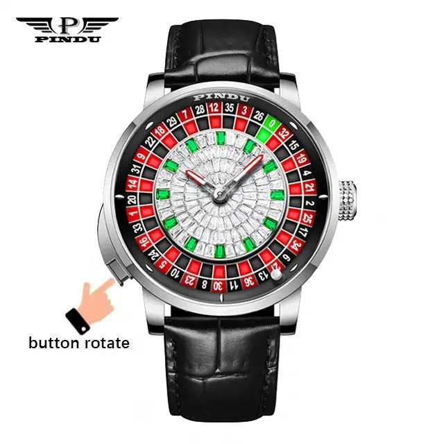 PINDU mechanical wristwatch with roulette dial, black leather strap, stainless steel case.