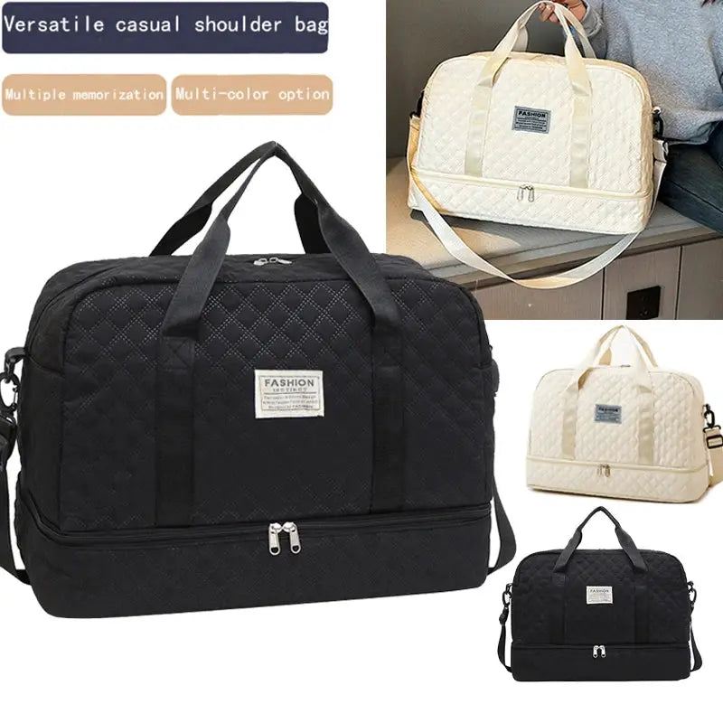 Duffle bag set of 3 by Simples Market; quilted, lightweight, in black, beige and cream with a fashion emblem