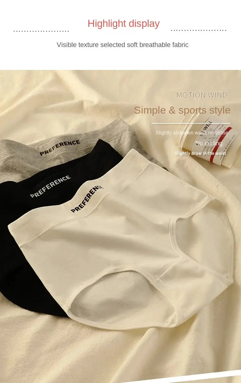 3 pcs high-waist cotton panties for women; breathable, soft underwear in white, black and gray with PREFERENCE waistband.