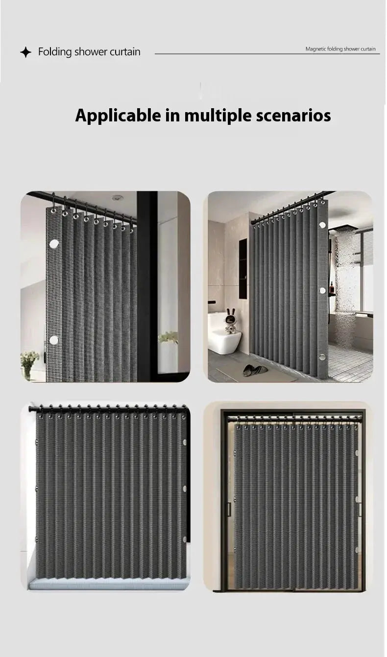 Magnetic foldable linen bath curtain by Simples Market, waterproof for walk-in showers, dark gray