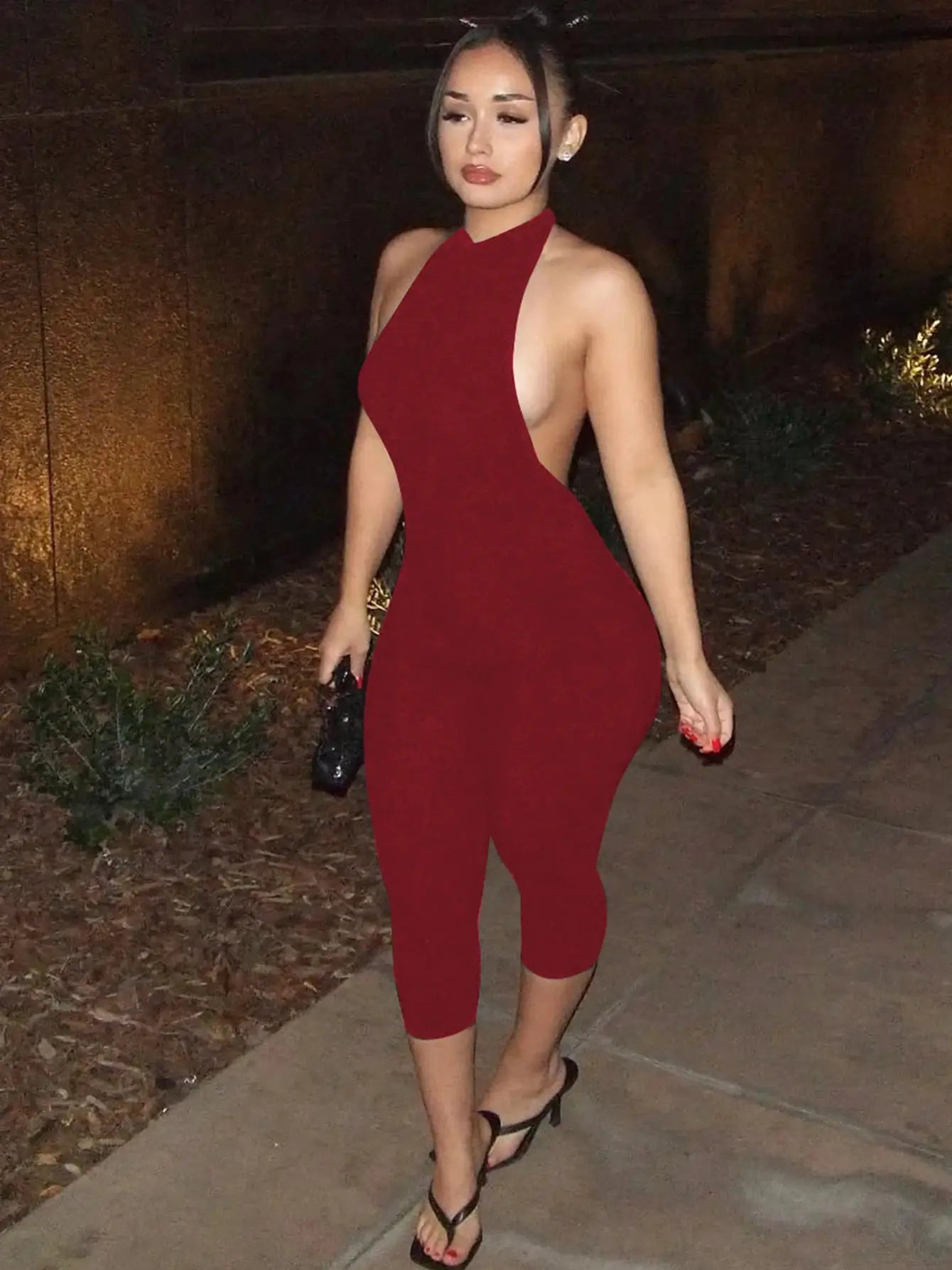Hugcitar ribbed halter backless red bodycon jumpsuit by Simples Market