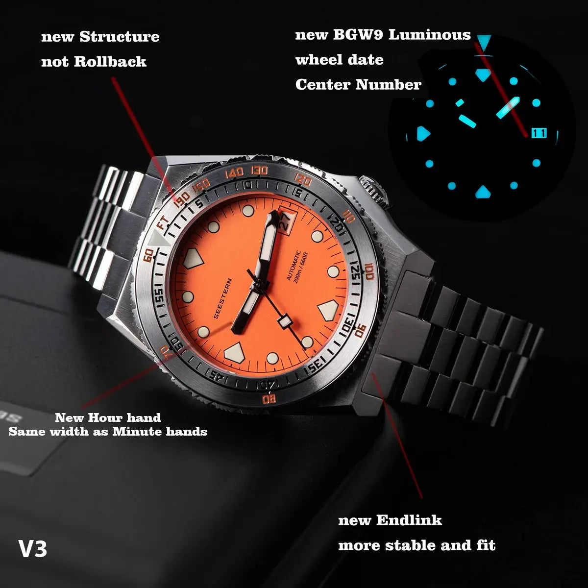 SEESTERN SUB600T diver watch with orange dial, stainless steel bracelet, ceramic bezel.