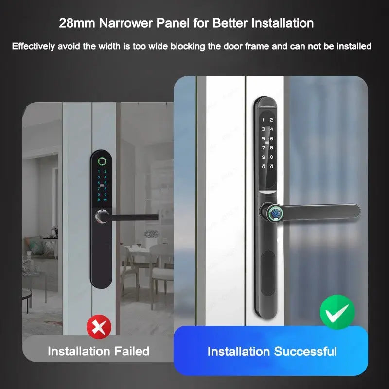 Slim 2.8cm waterproof sliding door smart lock with fingerprint, keypad, IC card, TTLock & Alexa compatibility.