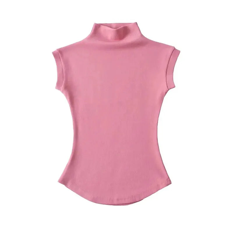 Women's Sleeveless Turtleneck Knit Top Slim Fit Summer Tee Solid Color Streetwear Essentials