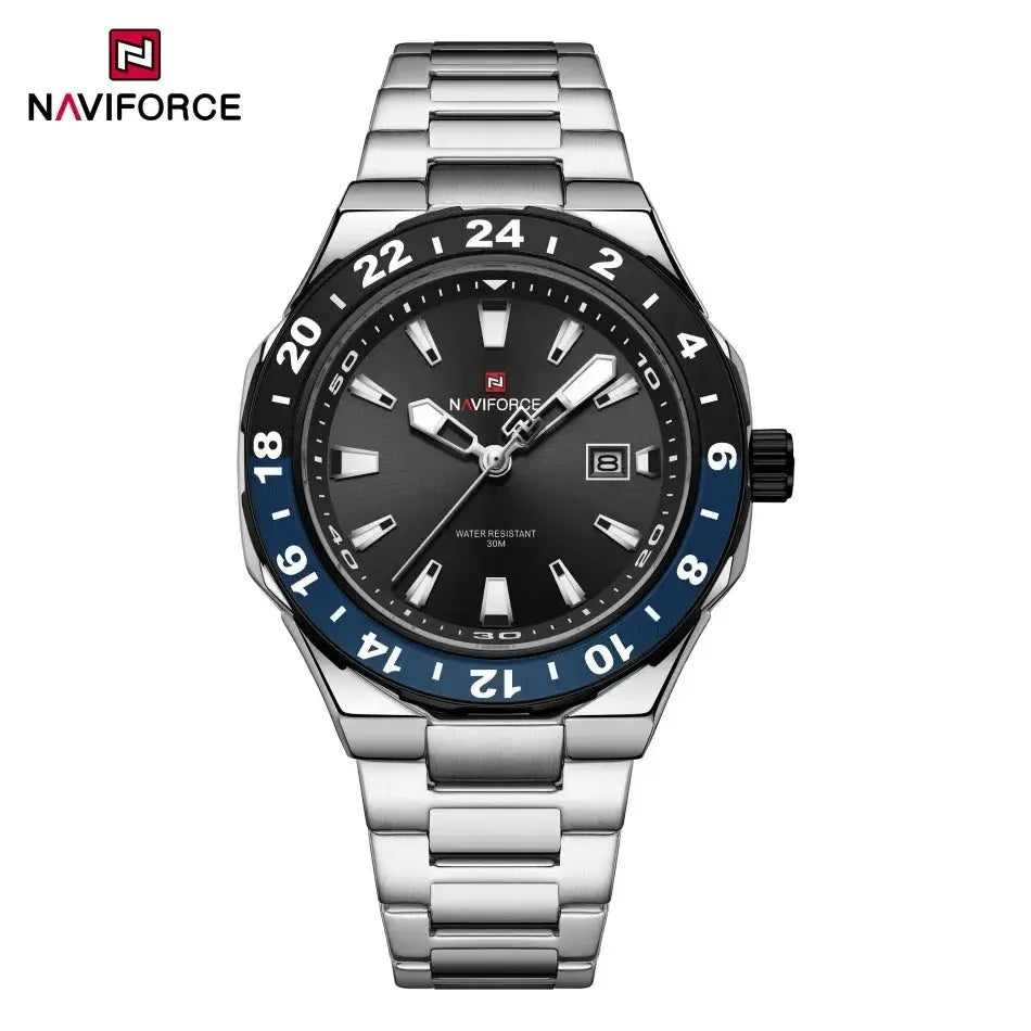 NAVIFORCE men's stainless steel wristwatch with black dial, luminous hands, date window, blue/black 24h bezel.