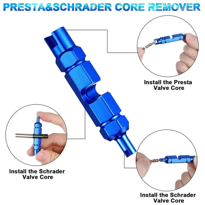 Valve core remover tool by Simples Market in blue for Presta/Schrader valves with tire extenders
