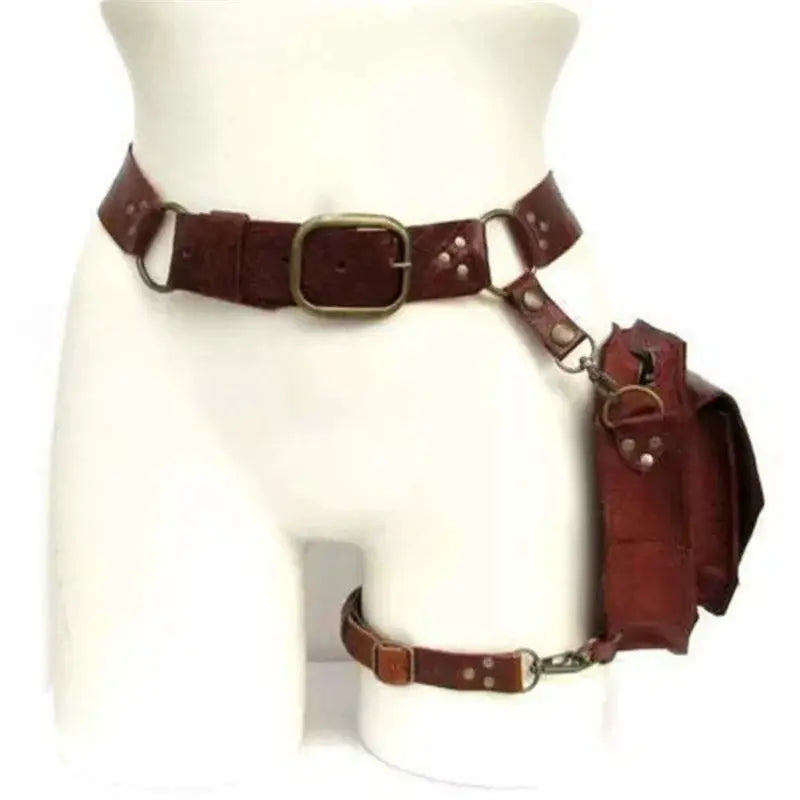 Punk Retro PU waist bag, two-pouch set in red-brown leather with leg strap