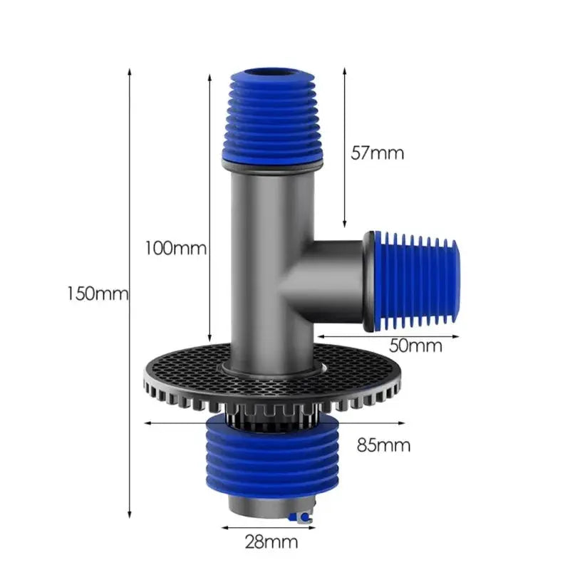 Universal washing machine floor drain with metal T-connector and blue ribbed hose adapters, black flange
