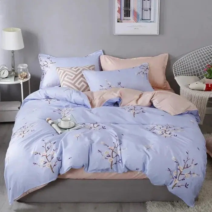 Simples Market four-piece cotton aloe vera bedding set in lavender with floral branch pattern