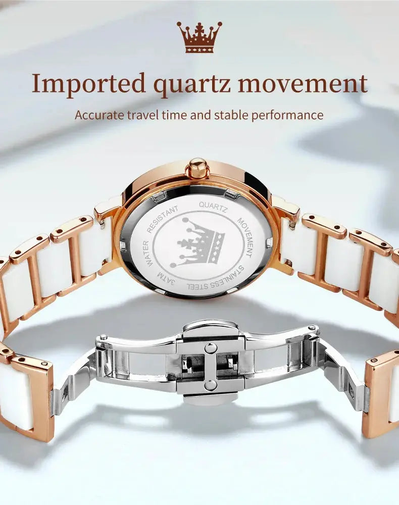 OLEVS fashion women's watch with rose gold case and white ceramic strap, quartz movement