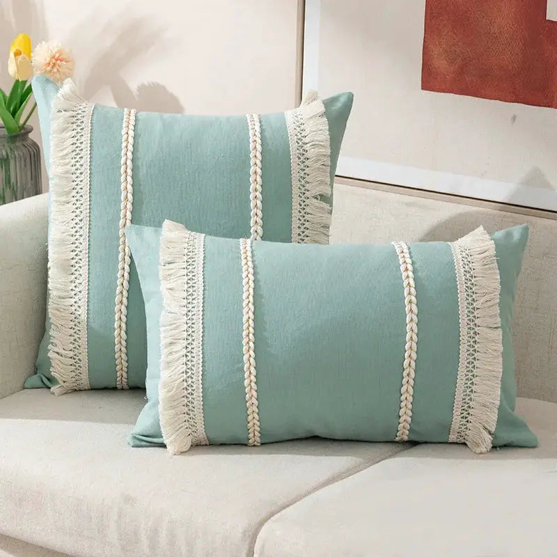 Bohemian knitted pillowcase set of 2 in teal with cream tassel fringe for sofa decor