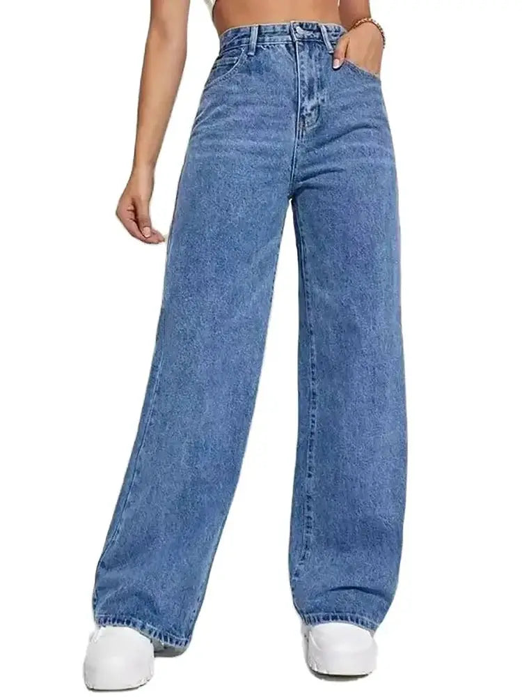 Retro Blue Jeans For Women Y2K High Waist Baggy Straight Leg Denim