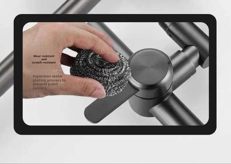 4-mode stainless steel wall-mounted kitchen faucet with 360° swivel for sink, being cleaned with steel wool.