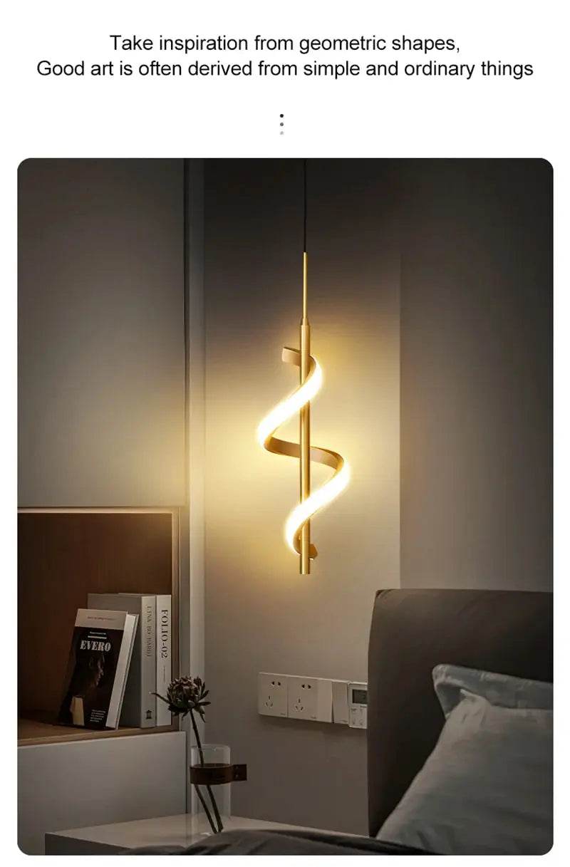 Simples Market Lustre LED pendant light; gold spiral metal fixture hanging from ceiling, modern living room decor