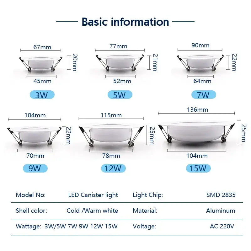 Simples Market six white recessed round LED downlights (3W–15W) with aluminum shell for AC 220V indoor lighting