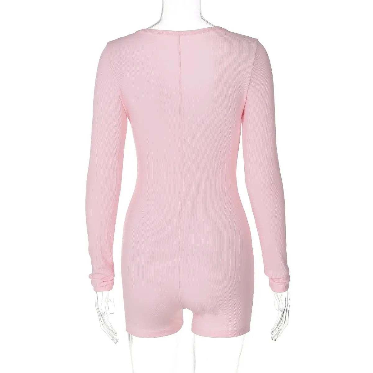 Hugcitar pink ribbed long-sleeve romper playsuit, back view