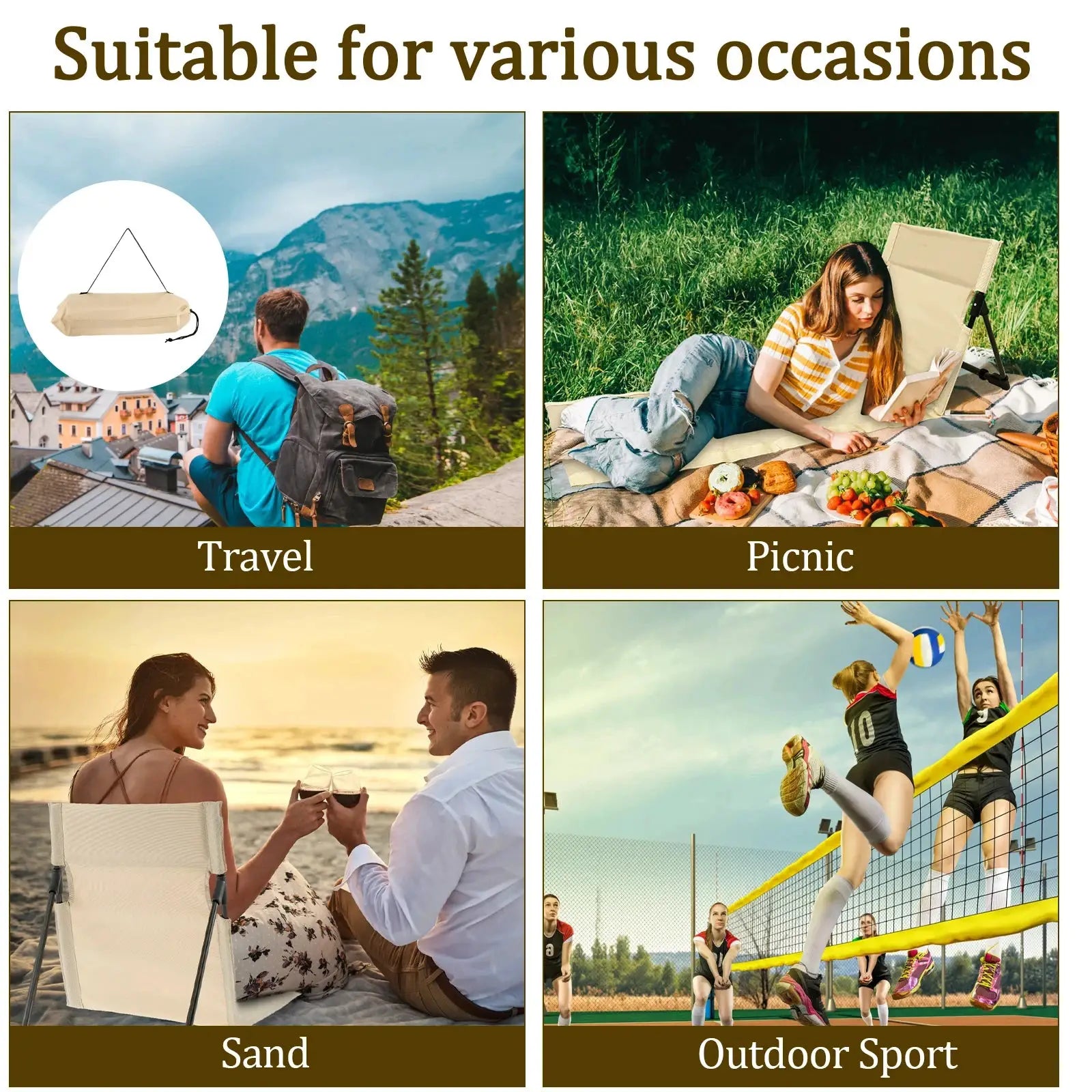 Outdoor foldable camping chair by Simples Market in beige Oxford cloth with backrest cushion, ideal for travel and picnics