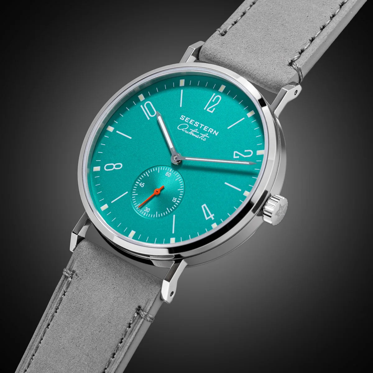 Seestern men's automatic wristwatch with turquoise dial, silver case, gray suede strap