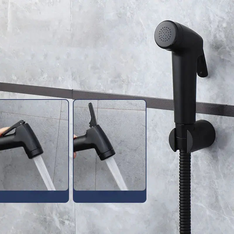 Handheld black bidet spray gun with hose and wall-mount holder for bathroom WC.