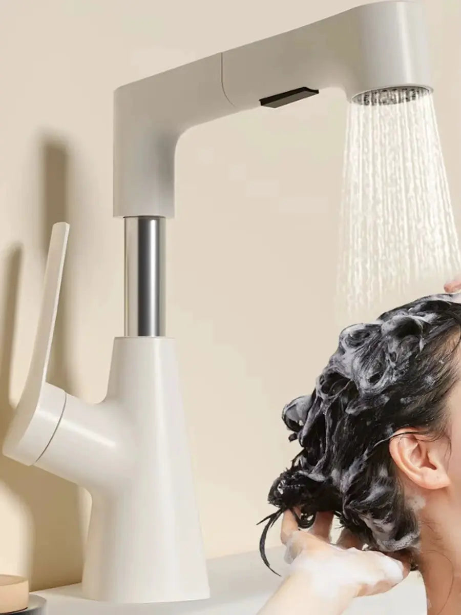 Hair washing bathroom faucet by Simples Market, white pull-out spray, 360° rotatable, two-mode spray