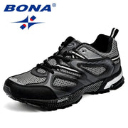 BONA men's running shoes, black and gray mesh with lace-up outdoor sport design.