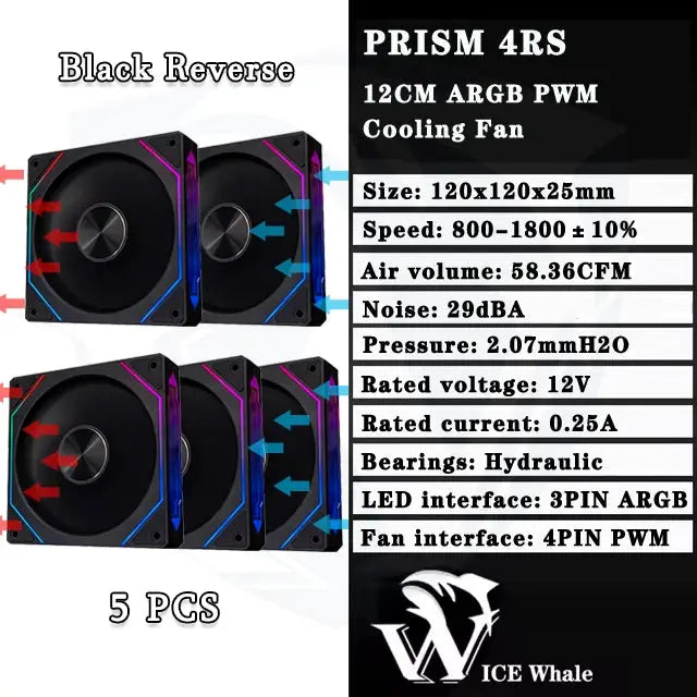 Simples Market LDPCSJ Prism 4RS 120mm ARGB PC fans with infinity mirror; 5-pack, black frames, motherboard sync 4PIN PWM