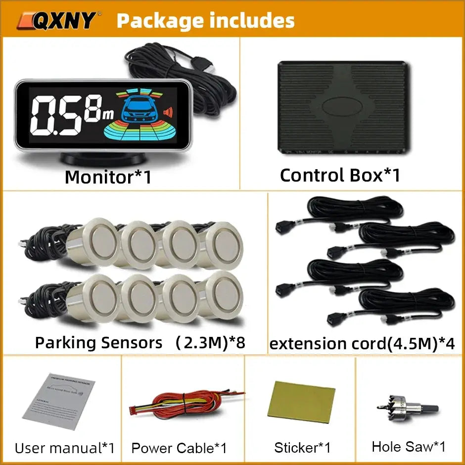 Parktronic parking sensor kit by Simples Market with monitor, control box, eight sensors, four extension cords.