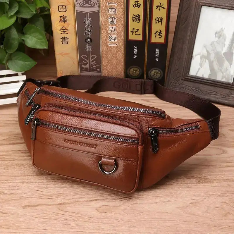 Brown genuine leather waist fanny pack for men with multiple zip pockets and an adjustable strap