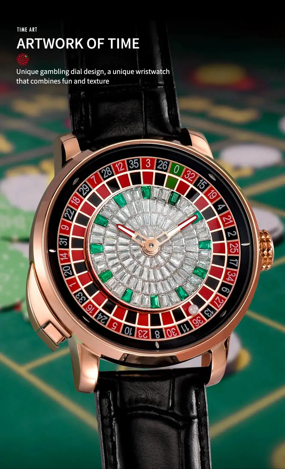 PINDU Design NH35A mechanical watch with roulette-style diamond dial, rose-gold case, black leather strap
