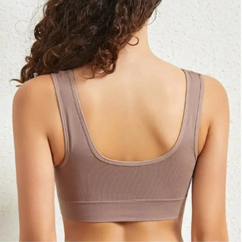 Womens wide-strap seamless knit sports bralette, wireless taupe tank bra, Simples Market, back view